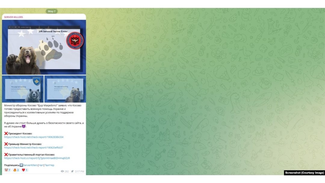 Objava na Telegram kanalu "Ubice servera", maj 2024.