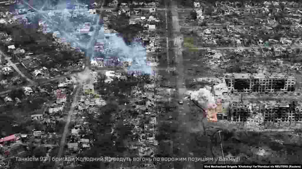 Скріншот з відео, яке оприлюднила 22 квітня 2023 року 93-а окрема механізована бригада «Холодний Яр», показує спустошений Бахмут, місто, населення якого до російського вторгнення налічувало 70 000 людей. «Ми б’ємо ворога, часто несподівано для нього, і продовжуємо утримувати стратегічні рубежі», — повідомив у Telegram командувач Сухопутних військ України Олександр Сирський 