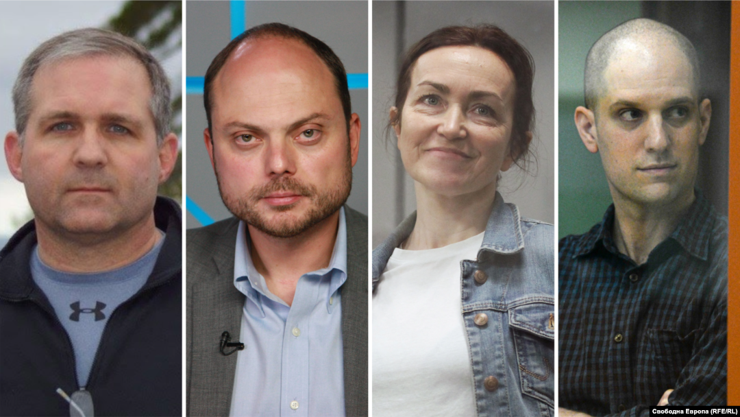 (Left to right) Paul Whelan, Vladimir Kara-Murza, Alsu Kurmasheva, and Evan Gershkovich were among those being held in Russia who were released on August 1 in a prisoner swap.