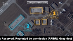 Літаки Су-25 та гелікоптери на захопленому аеродромі Мелітополя, березень 2022 року