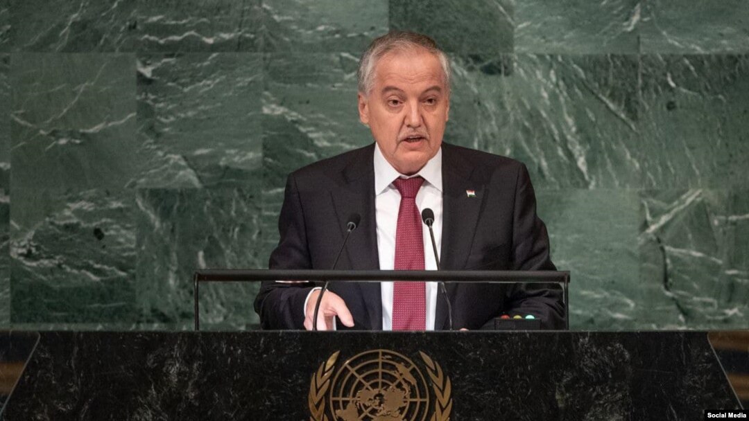 Tajik Foreign Minister Sirojiddin Muhriddin speaks at the United Nations General Assembly on September 24.