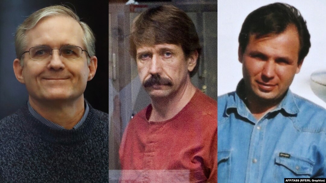 A combo photo of Paul Whelan (left), Viktor Bout (center), and Konstantin Yaroshenko