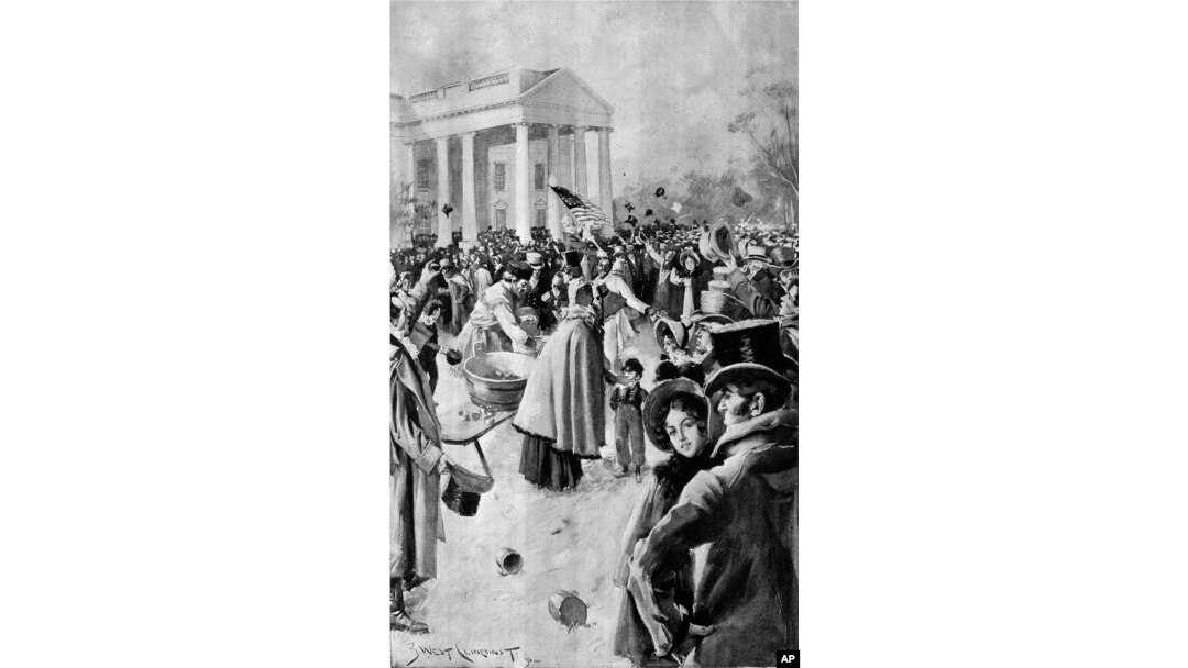 Oduševljenje ljudi nakon inauguracije predsednika Džeksona, koja je po prvi put održana na istočnom bloku zgrade Kapitola, Vašington, 4. mart 1829. Nakon inauguracije,više od 20.000 ljudi stiglo je u Belu kuću kako bi upoznali predsednika.