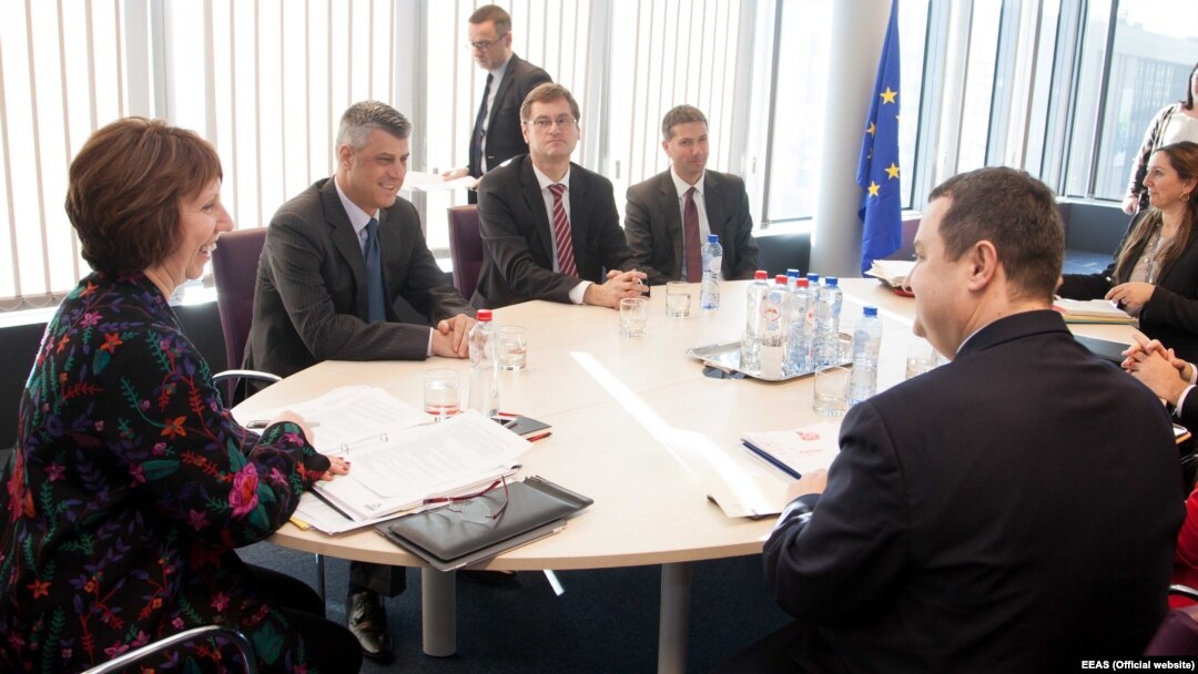 European Union foreign policy chief Catherine Ashton (left) meets with Serbian and Kosovar Prime Ministers Hashim Thaci (second from left) and Ivica Dacic (right front) in Brussels on March 4.