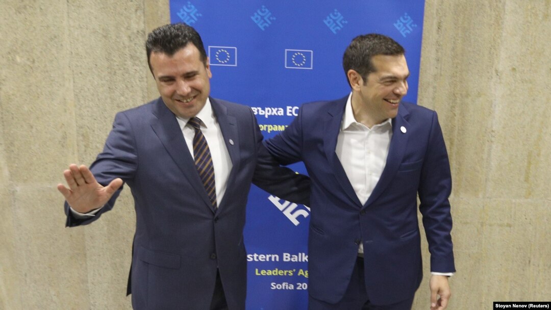 Greek Prime Minister Alexis Tsipras (right) meets with Macedonian Prime Minister Zoran Zaev at the EU-Western Balkans summit in Sofia on May 17.