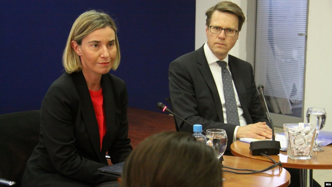 EU foreign policy chief Federica Mogherini (left) in Skopje, Macedonia, on March 2.