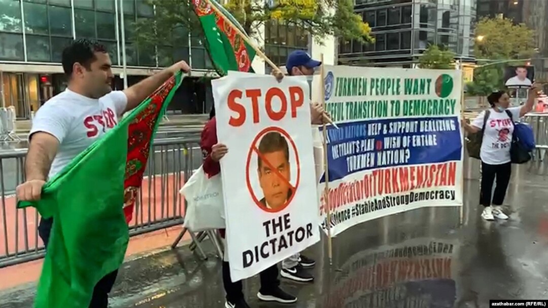 Turkmen activists hold a protest against the regime of President Gurbanguly Berdimukhammedov in New York last month.