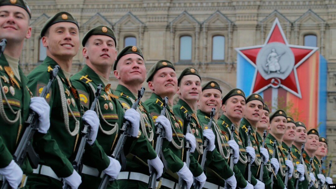 Russian military servicemen march along Red Square on Victory Day last year.