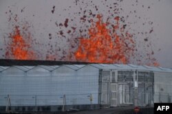 Расплаўленая лава выходзіць з расколіны за цяпліцай на ўскраіне рыбацкай вёскі Грындавік на паўднёвым захадзе Ісьляндыі, 1 красавіка 2025 году