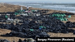 Наслідки катастрофи російських танкерів у Керченській протоці, волонтери збирають мазут в мішки вздовж узбережжя в Краснодарському краї РФ, 21 грудня 2024 року