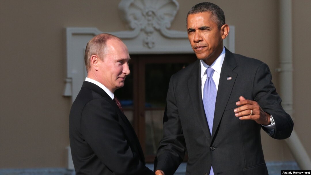 Russian President Vladimir Putin (left) and U.S. President Barack Obama exchange words prior to the first session of a G20 summit in St. Petersburg in September 2013.