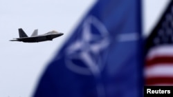 Амэрыканскі зьнішчальнік пятага пакаленьня F-22 Raptor над вайсковай базай у літоўскім Шаўляі, красавік 2016