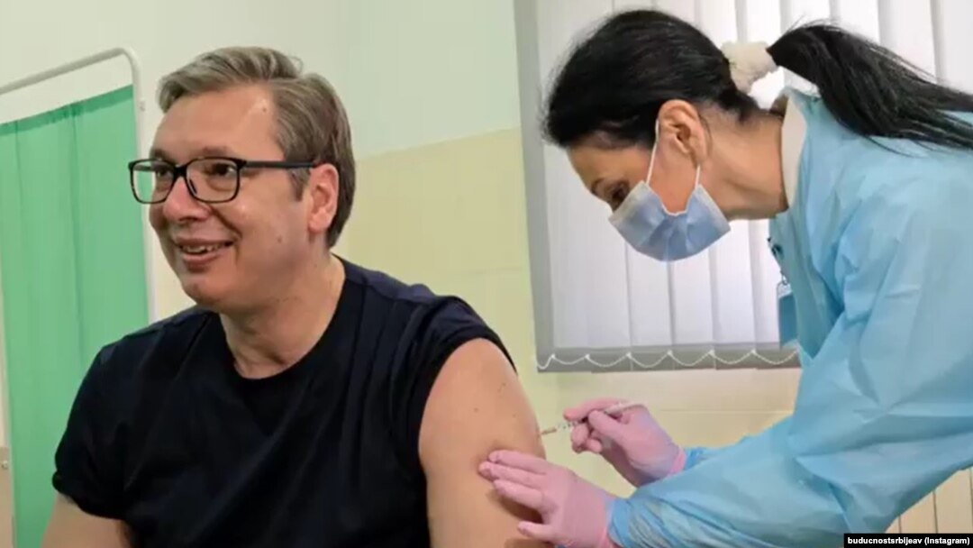 Serbian President Aleksandar Vucic received his first dose of the Chinese Sinopharm vaccine on April 6.