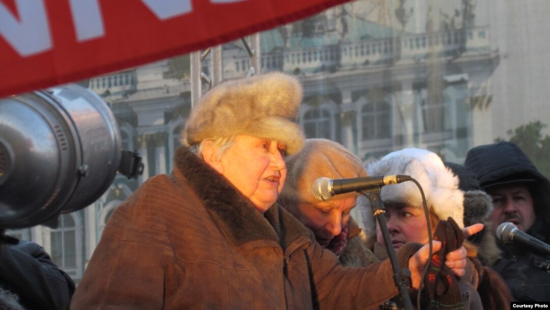 Russian opposition activist Marina Salye speaking at a For Fair Elections protest in St. Petersburg last month.