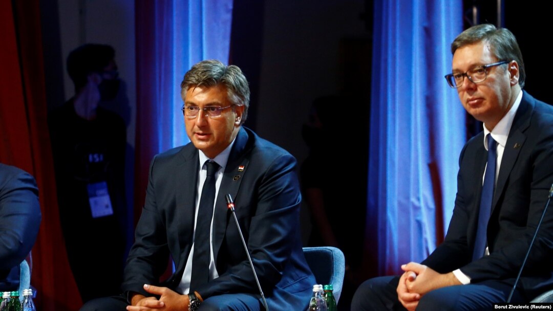  Danas sam prvi put vidio u srpskim medijima da smo mi ustaška vlada", rekao je Plenković (lijevo), Andrej Plenković i Aleksandar Vučić, Bled, 31.8. 2020.